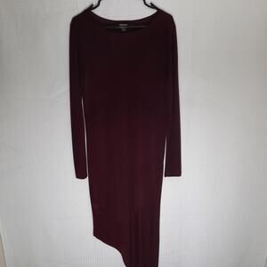 DKNY S Burgundy Asymmetrical Hem Long Sleeve Bodycon Dress Korea Minimalist